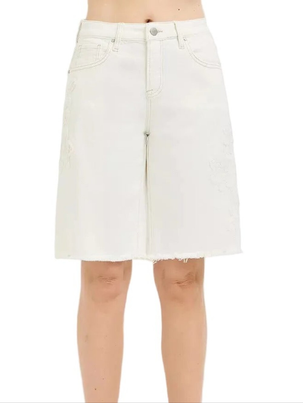 Risen Floral Embroidered Relaxed Fit Bermuda Baggy Jorts Long Cream Denim Shorts - Picture 7 of 13